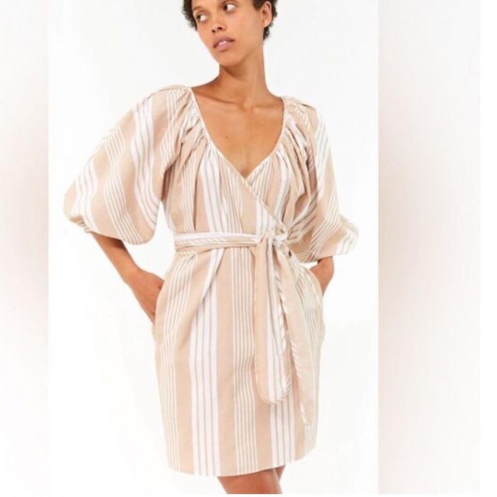 Mara Hoffman Colette Tan White Striped Puff Sleeve Wrap Dress Small  Tencel